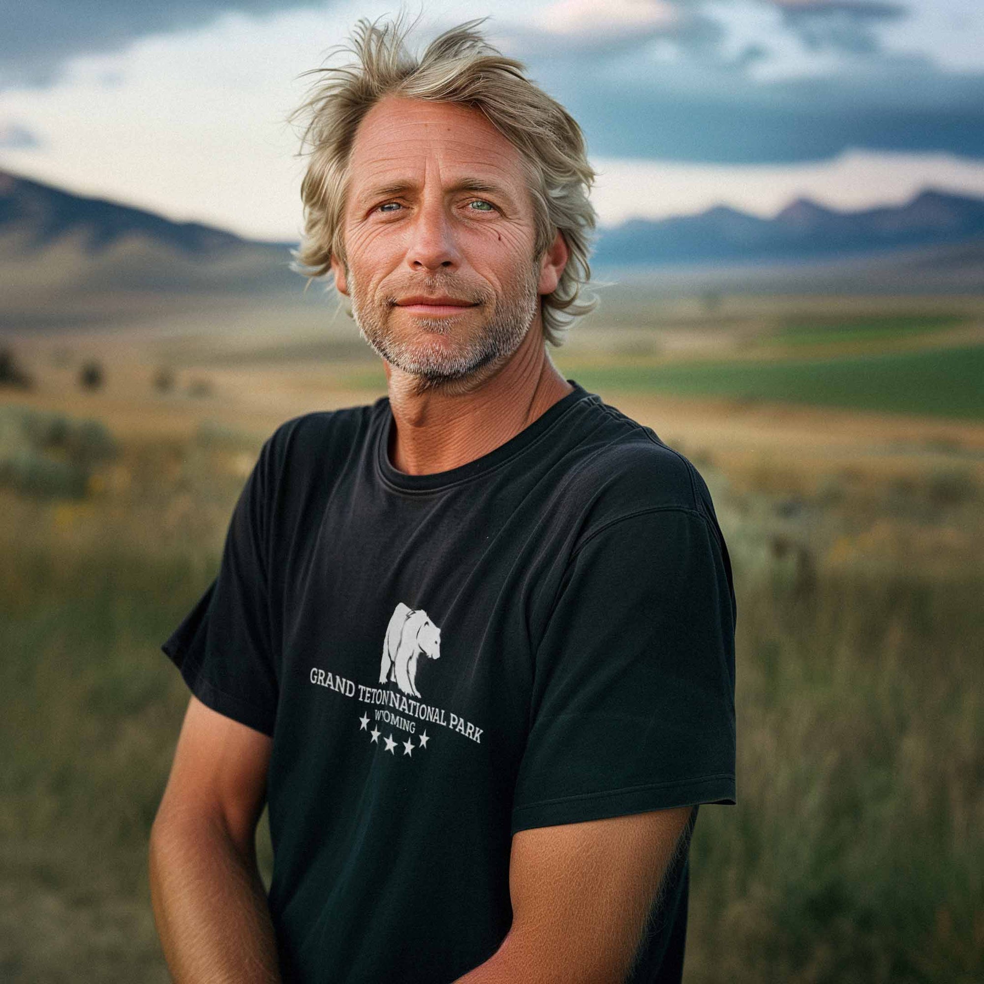 A man faces the Teton mountains wearing a black shirt with a stylized grizzly bear on the back. Within the shape of the bear is a photo from the Snake River Overlook. 
