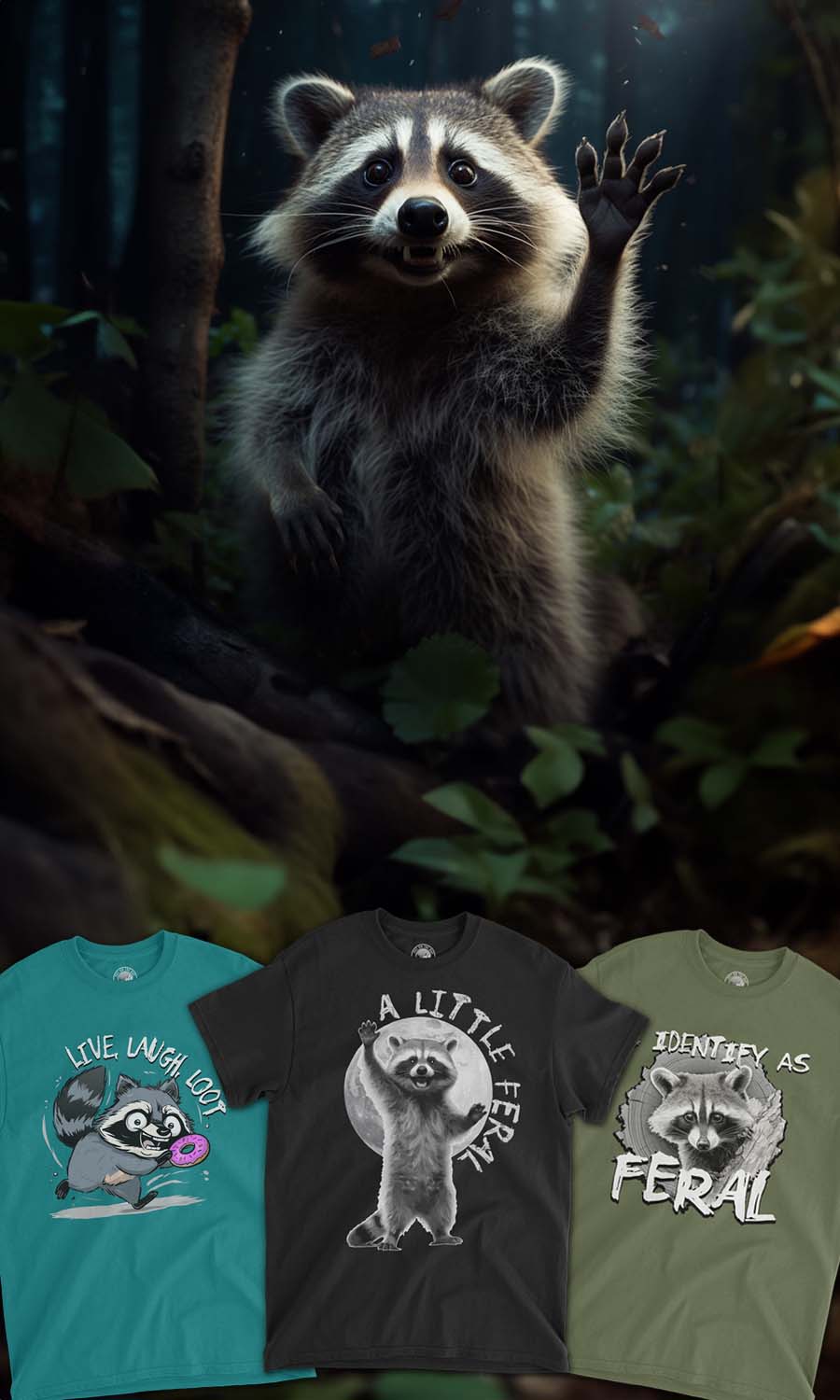 A raccoon waving with three shirts featuring raccoons