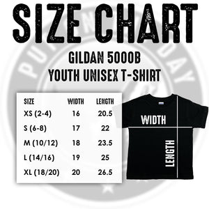 Gildan 5000B Youth Unisex T-Shirt Size Chart: XS, 16x20.5; S, 17x22; M, 18x23.5; L, 19x25; XL, 20x26.5