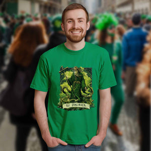 a man wearing our green Saint Patrick fighting snakes shirt at a parade