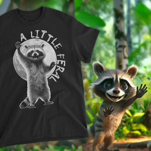 a little feral t-shirt featuring a raccoon in front of a full moon, in the background, a little raccoon waves