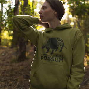Armored Assault Possum hoodie | funny armadillo hoodie | tactical possum | armored opossum | possum on the half shell | funny animal hoodie